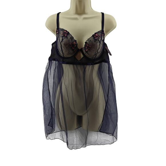 Adore Me Sheer Babydoll Purple Floral Embroidery Womens 38C - Picture 1 of 6